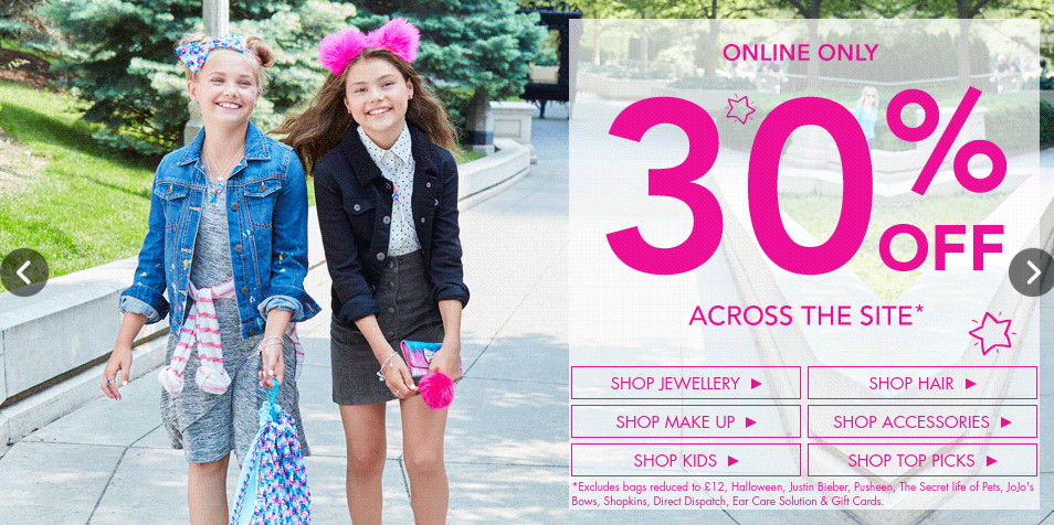 Claire's: 30% off across the site