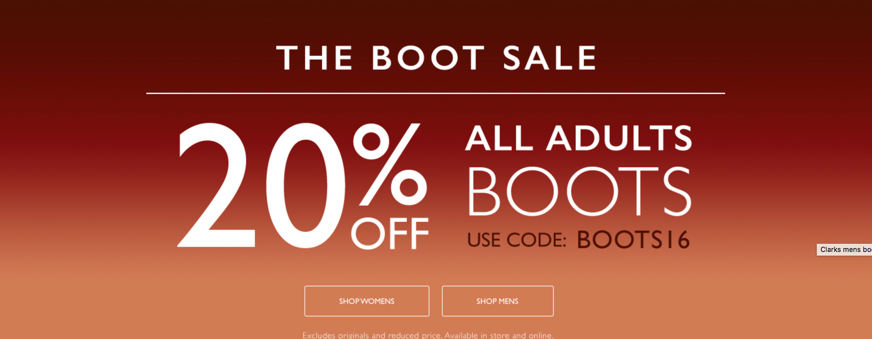Clarks: Sale 20% off all adults boots