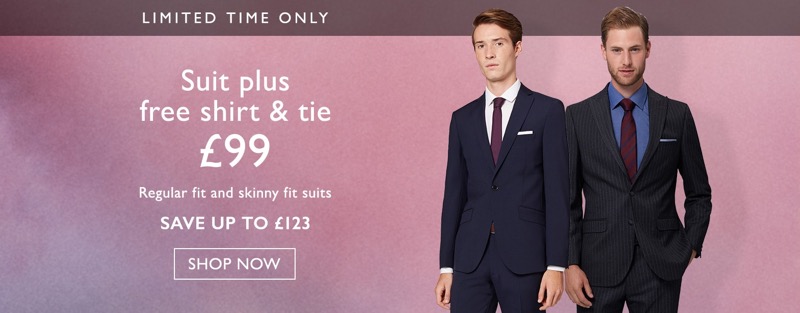 Moss Bros Moss Bros: suit plus free shirt & tie for £99